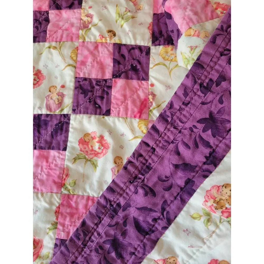 Handmade Baby Quilt Garden Fairy Pink Purple EUC